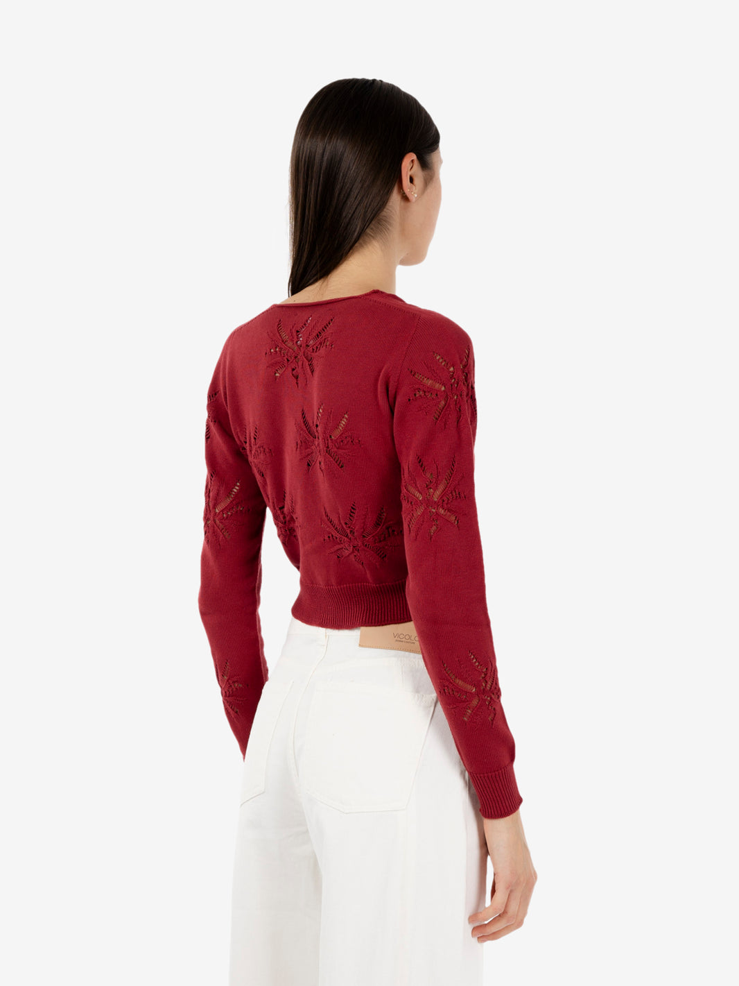 Red openwork cardigan