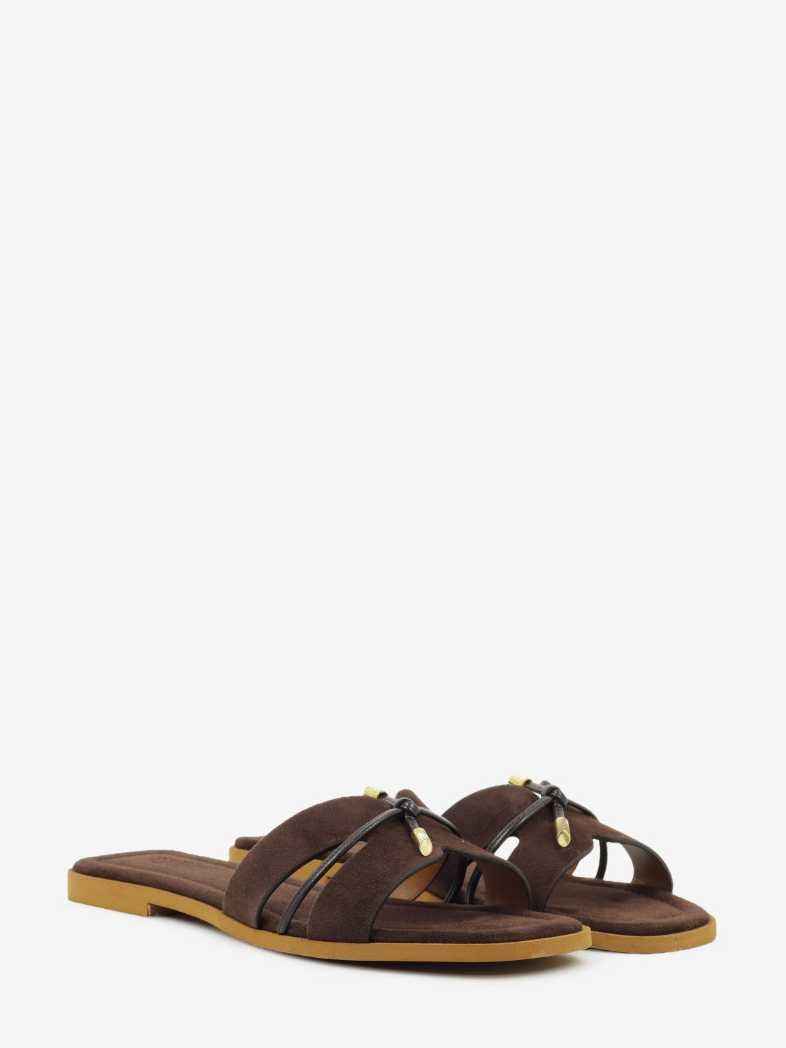 Suede mules with dark brown bow