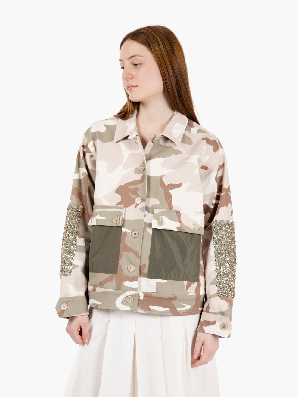 Camouflage jacket with green sequins