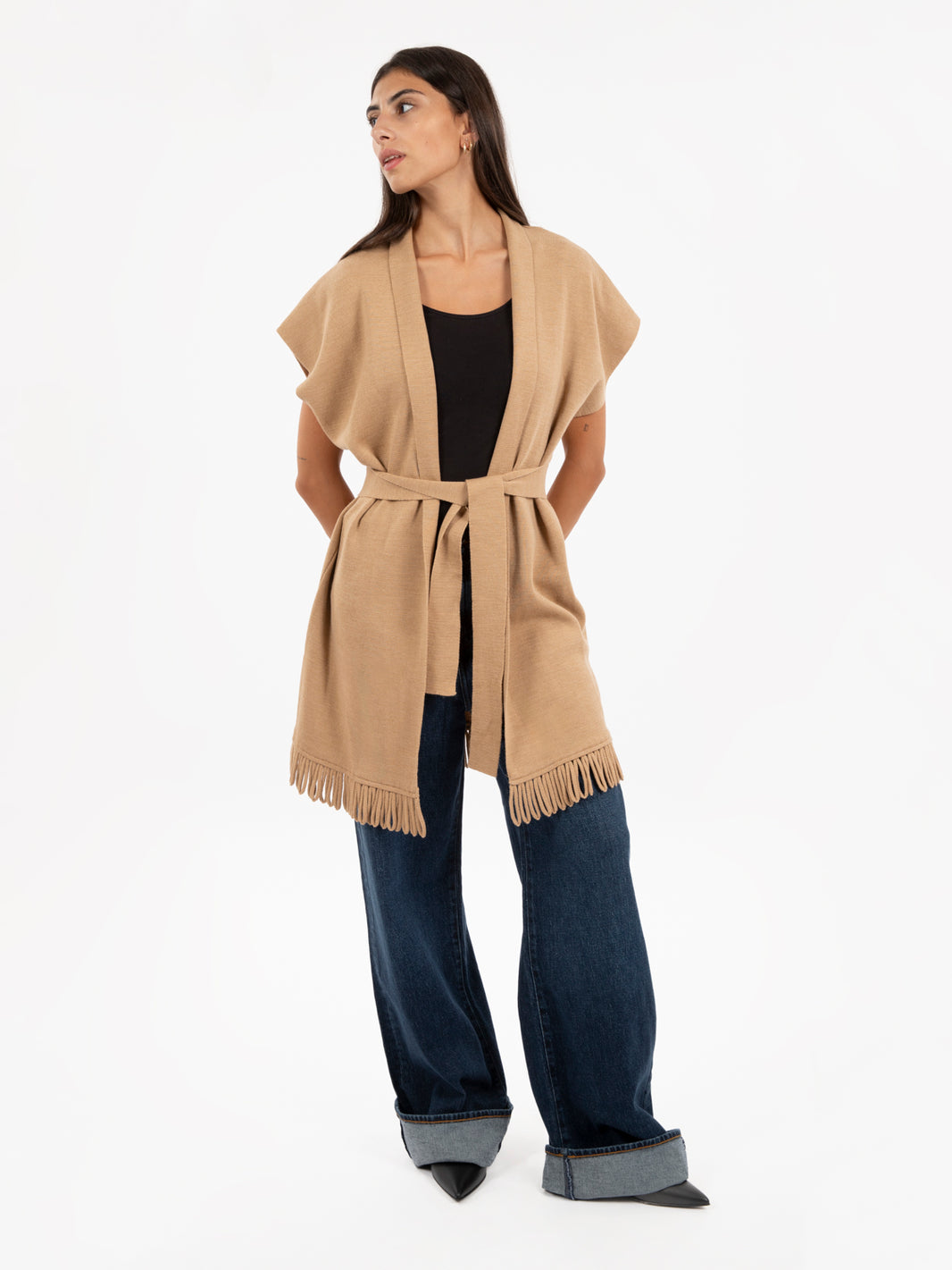 Camel fringed knitted vest