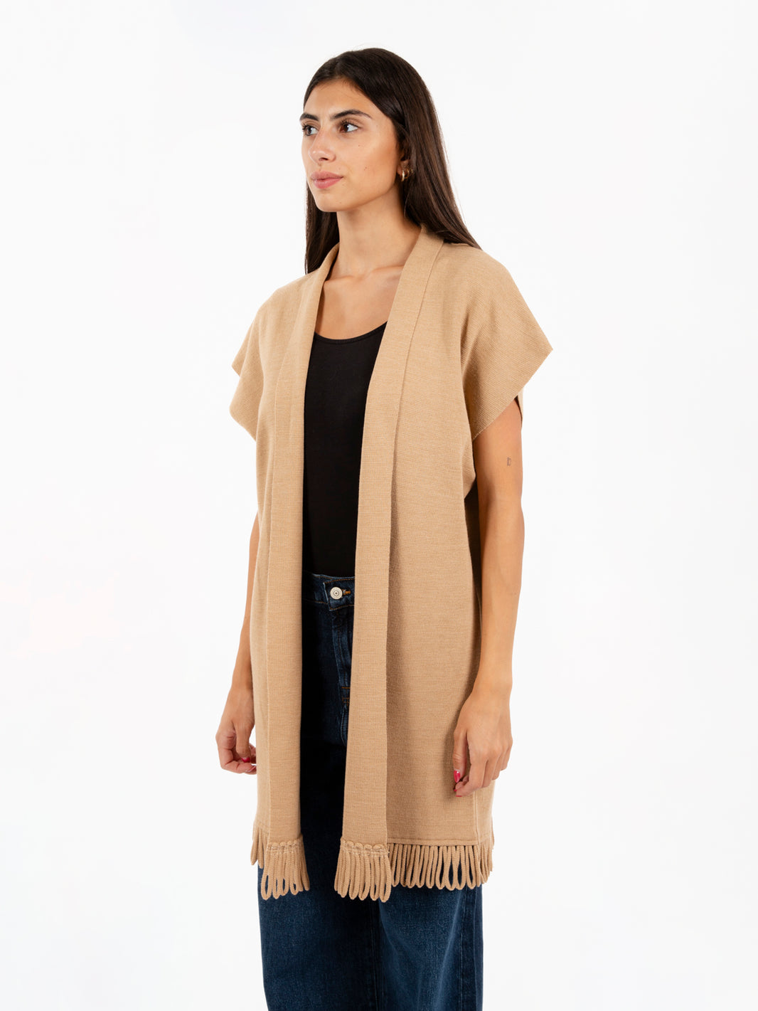 Camel fringed knitted vest