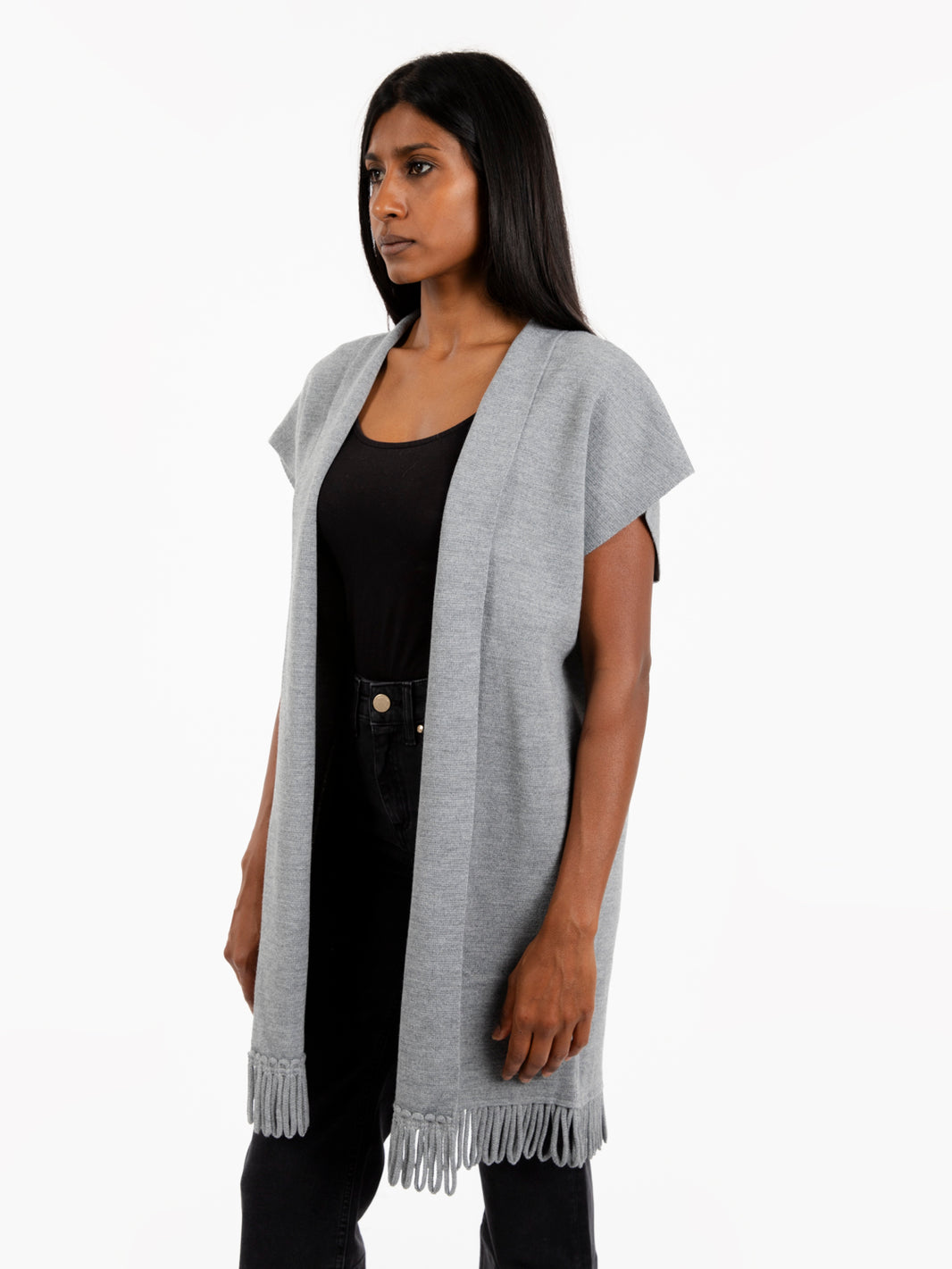 Light grey fringed knitted vest