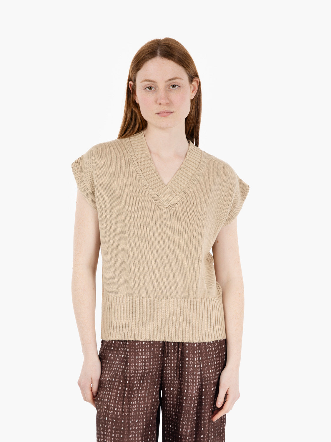 Beige V-Neck Knit Vest