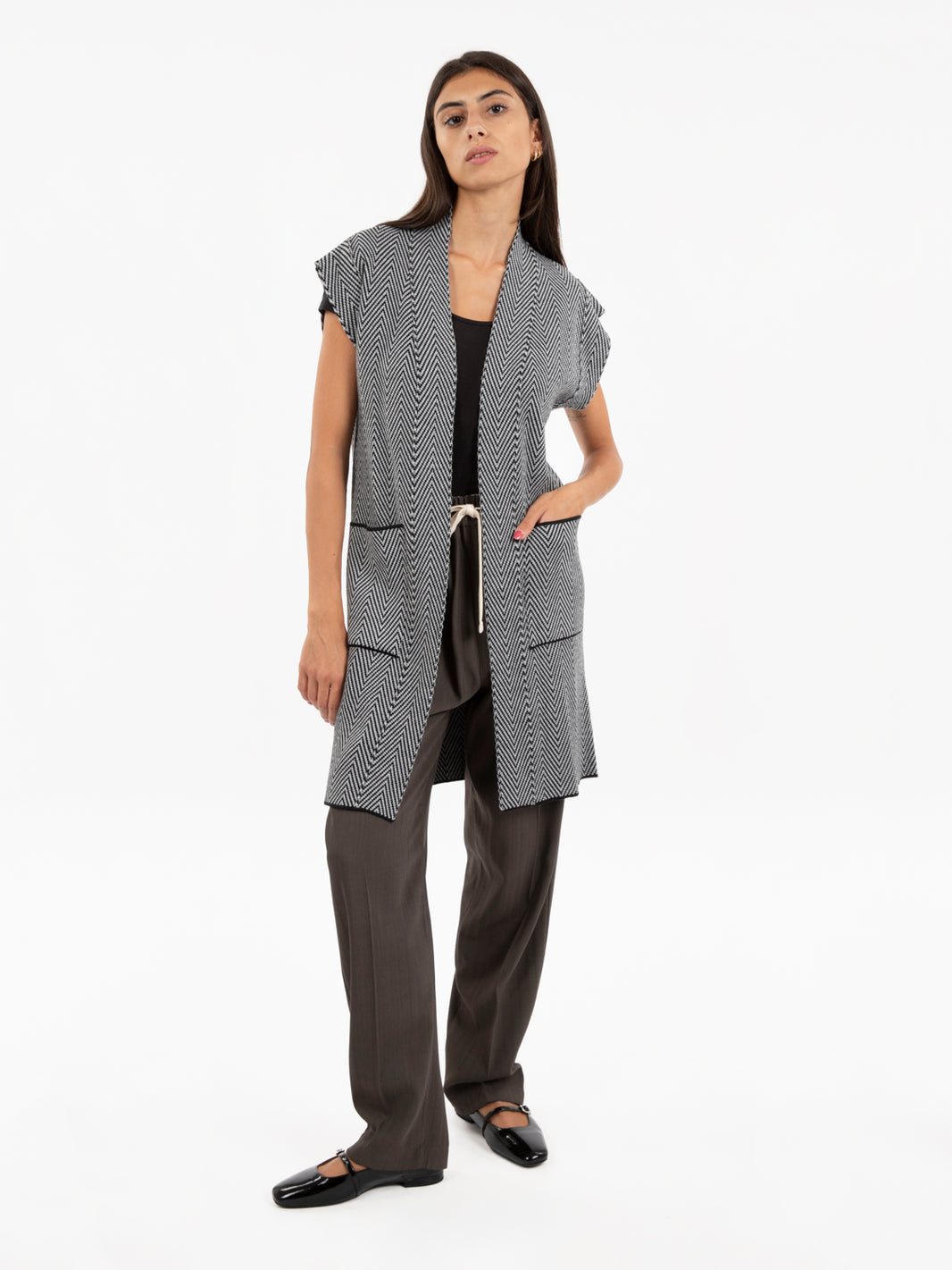 Long black/grey herringbone vest