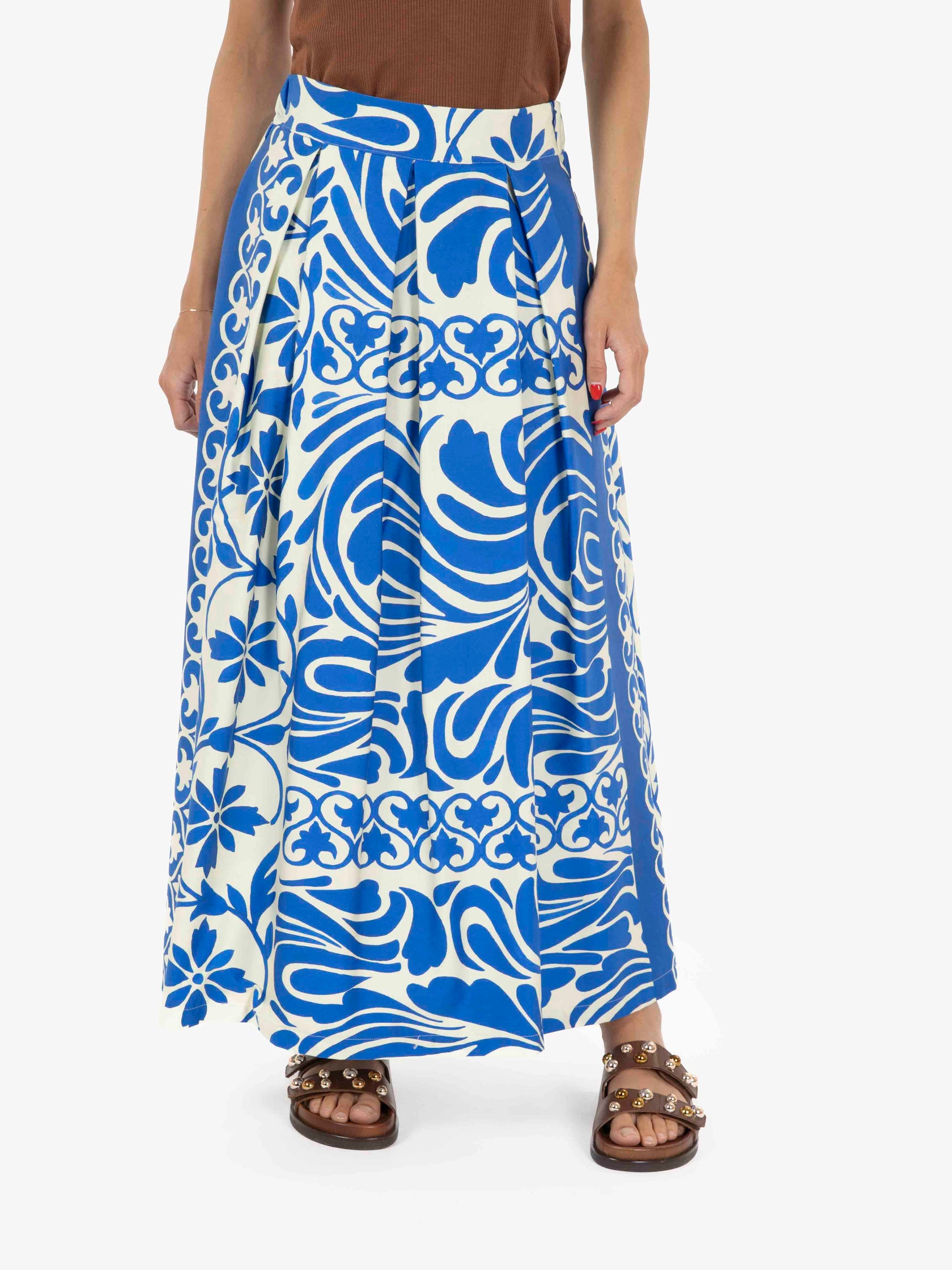 Long blue patterned skirt