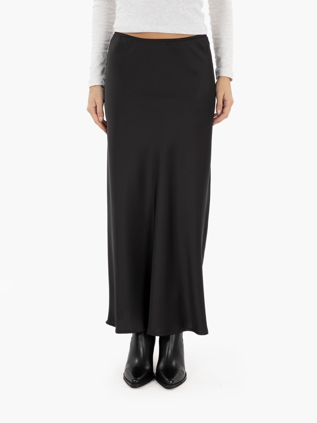 Black satin midi skirt