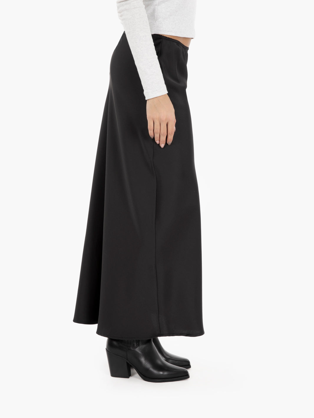 Black satin midi skirt