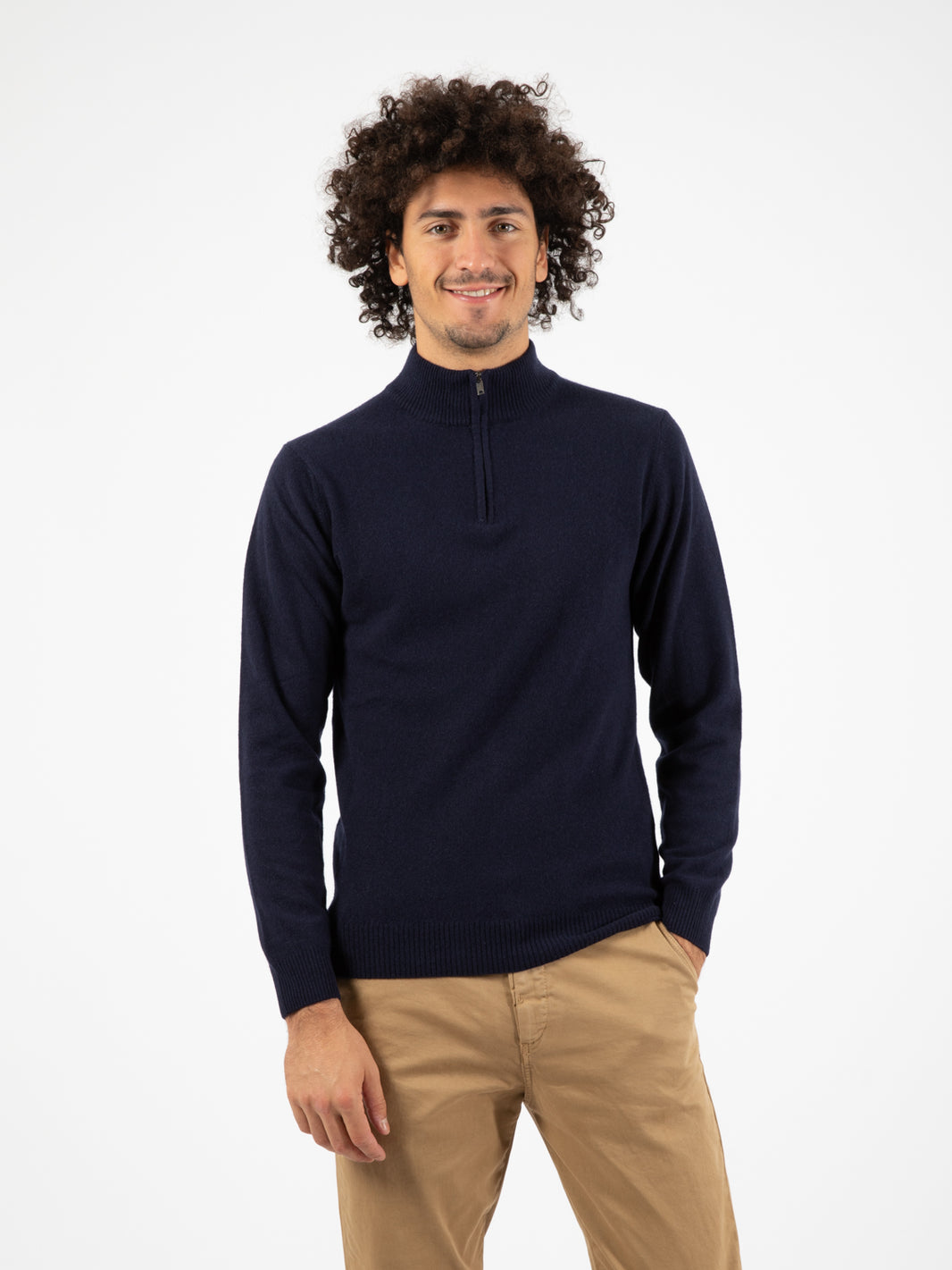 Lupetto con zip merino cachemire blu notte
