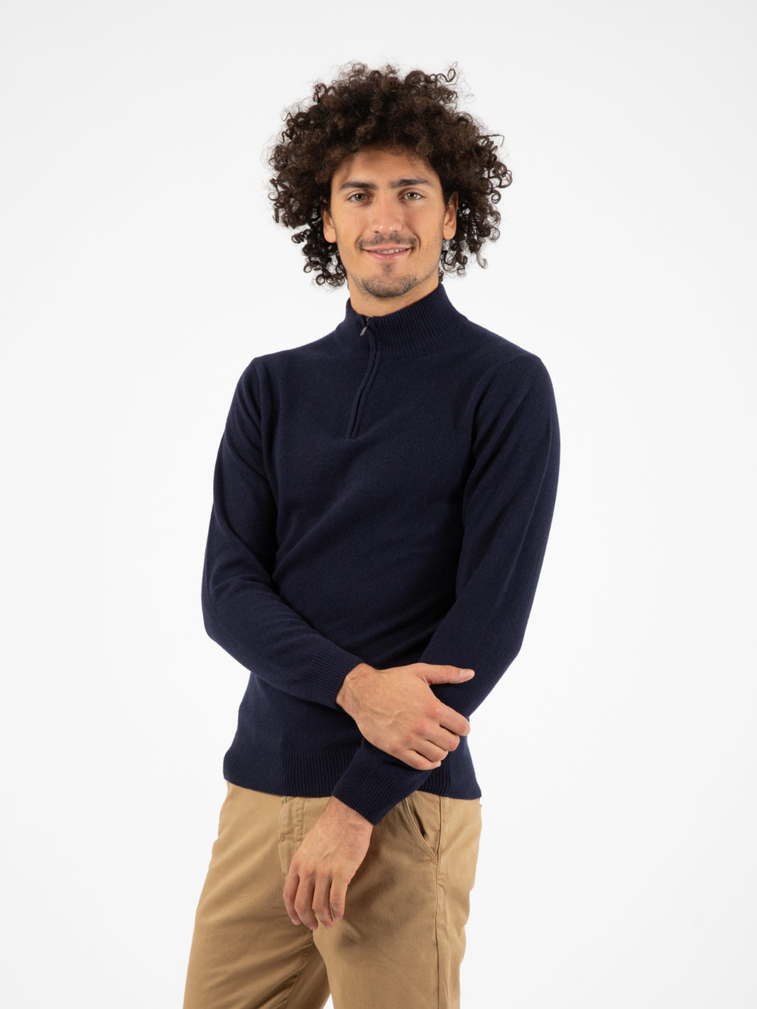Lupetto con zip merino cachemire blu notte