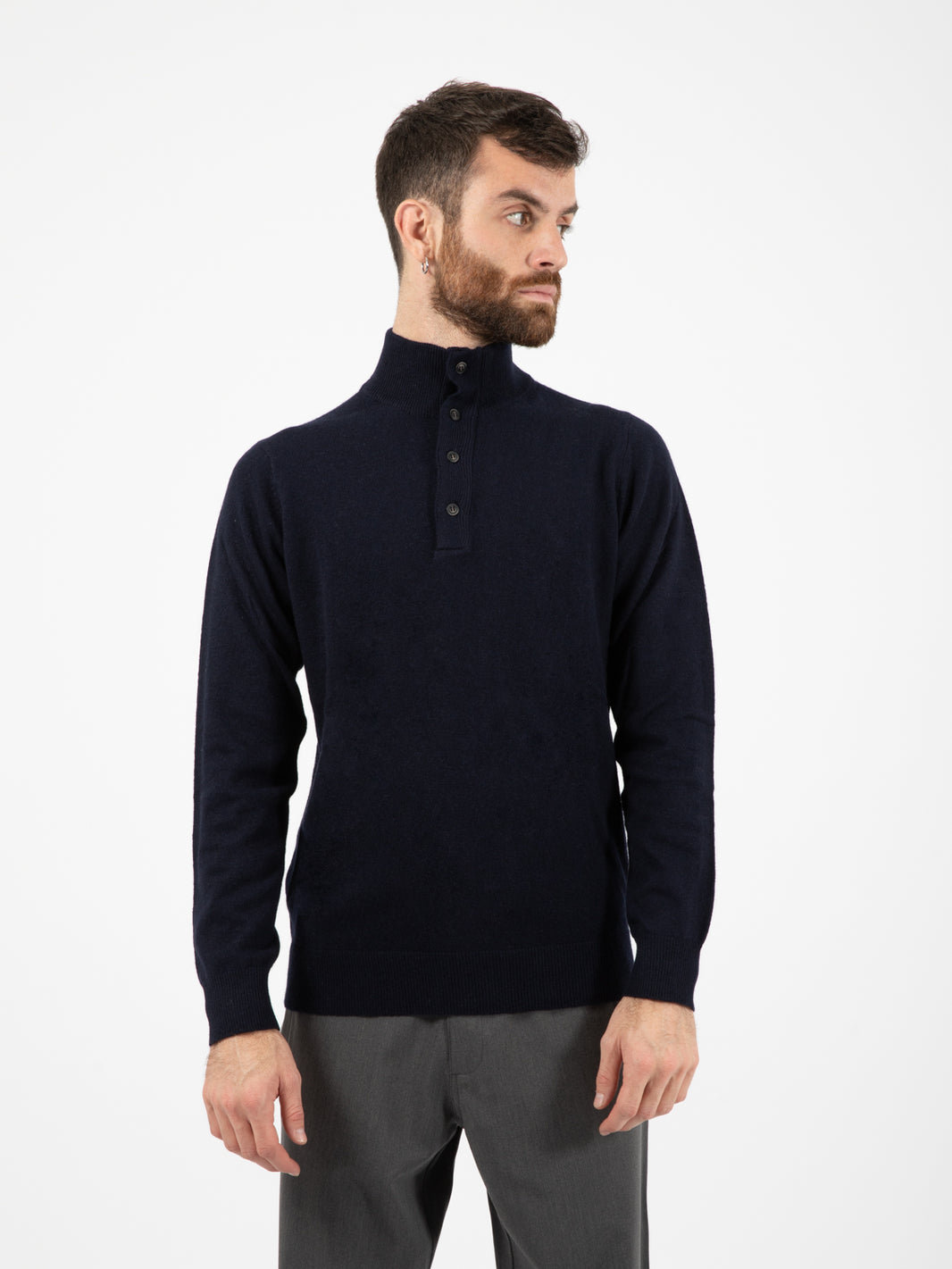 Cashmere turtleneck with navy buttons