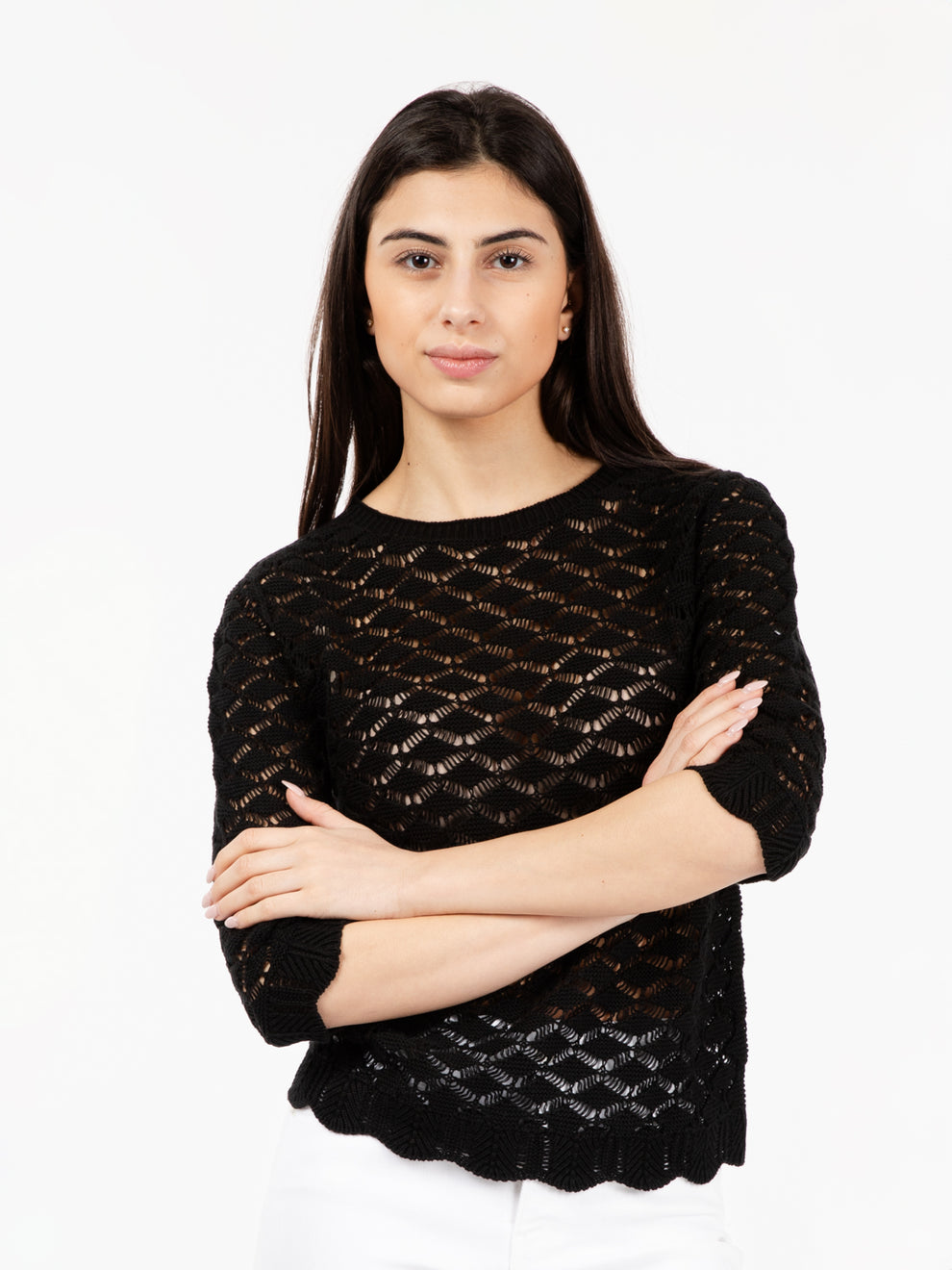 Maglia a 3/4 uncinetto nero