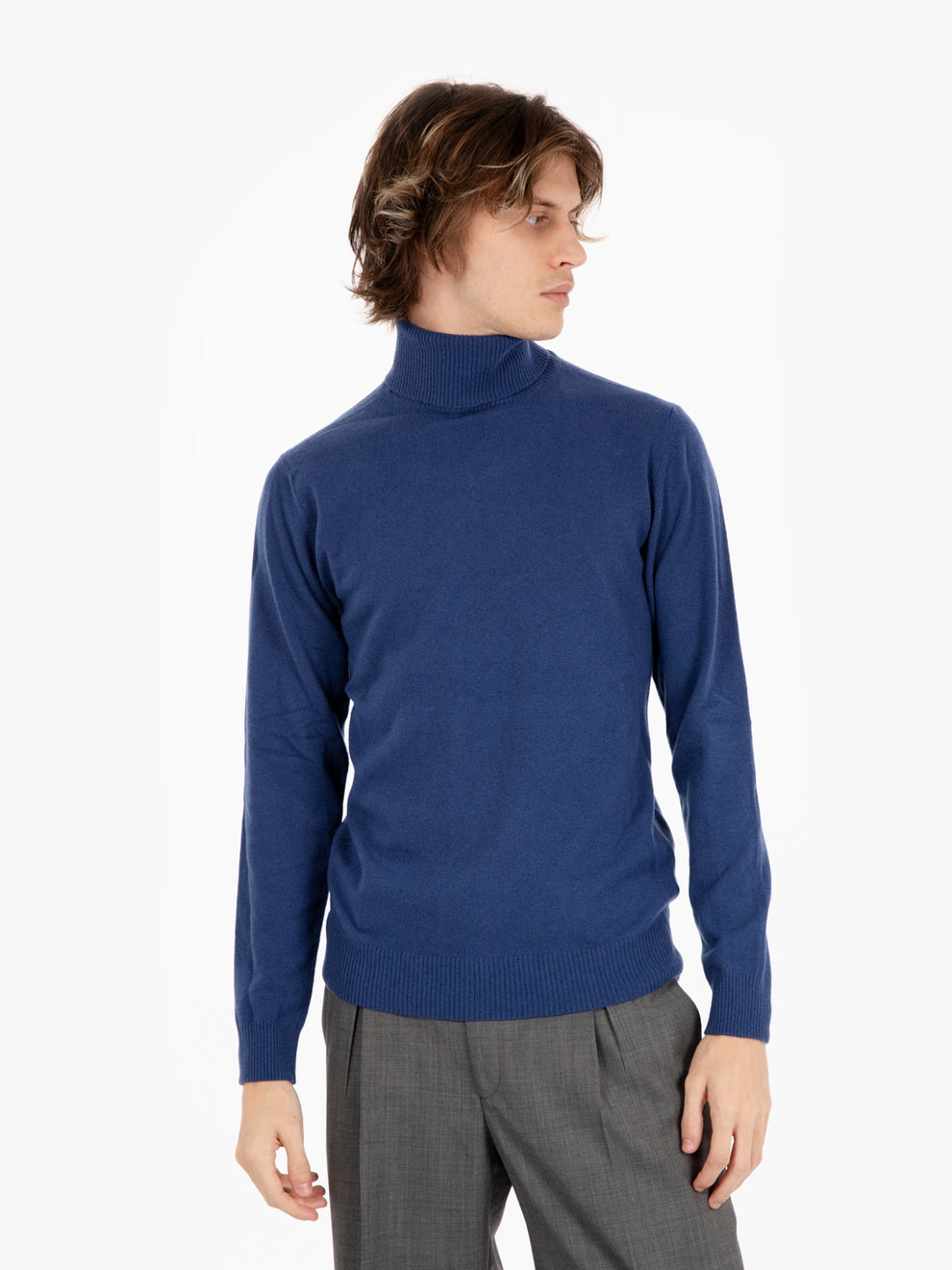 Maglia ciclista rasata in lana merino / cachemire bluette
