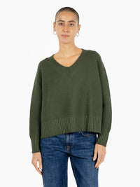 Military green V-neck sweater