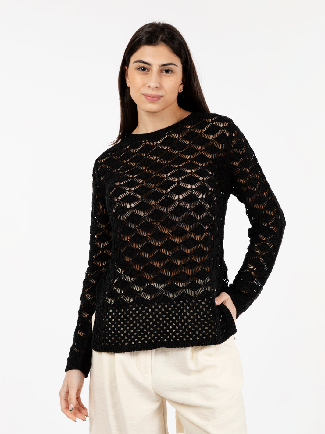 Maglia crochet girocollo nero