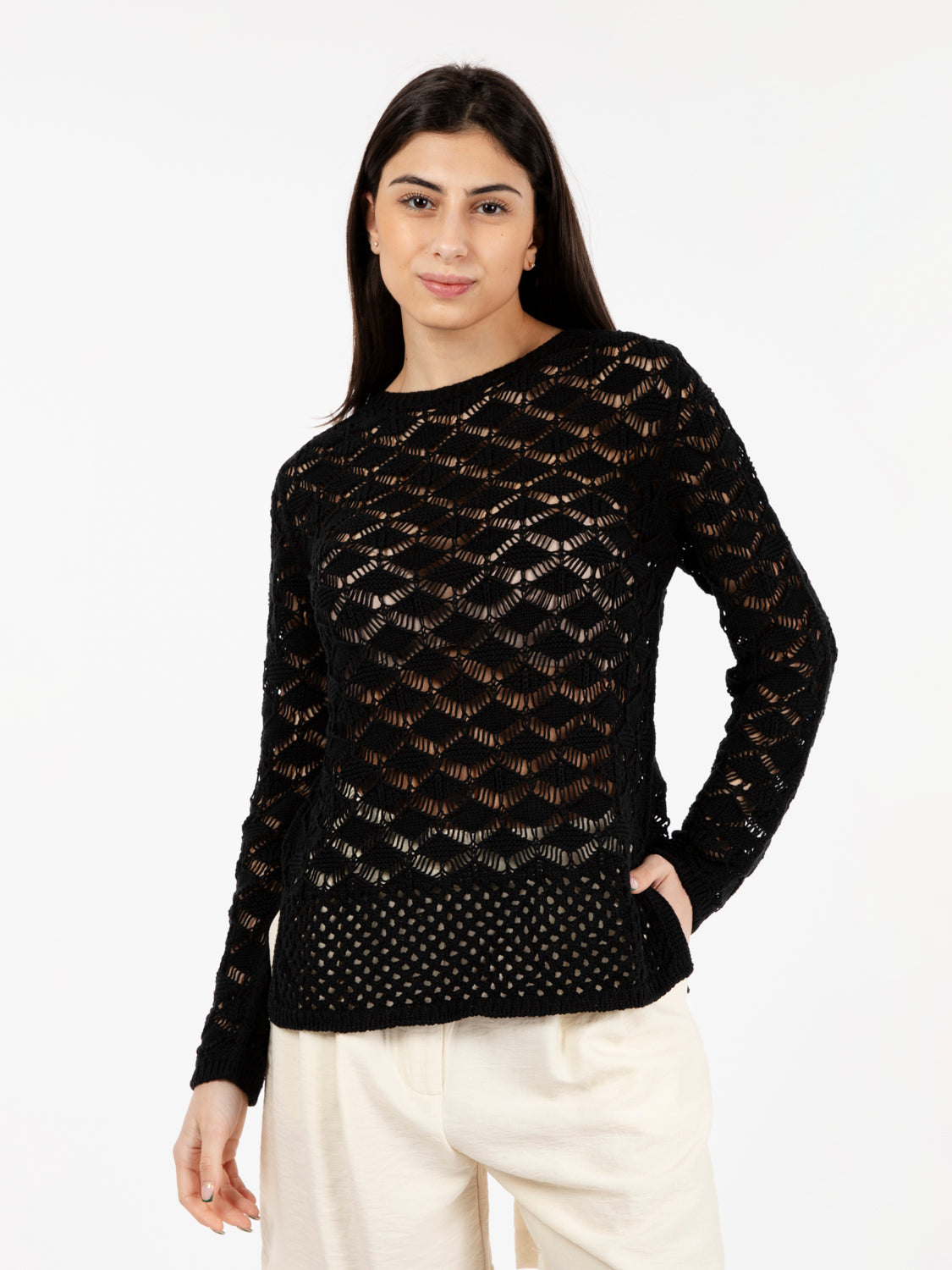 Maglia crochet girocollo nero