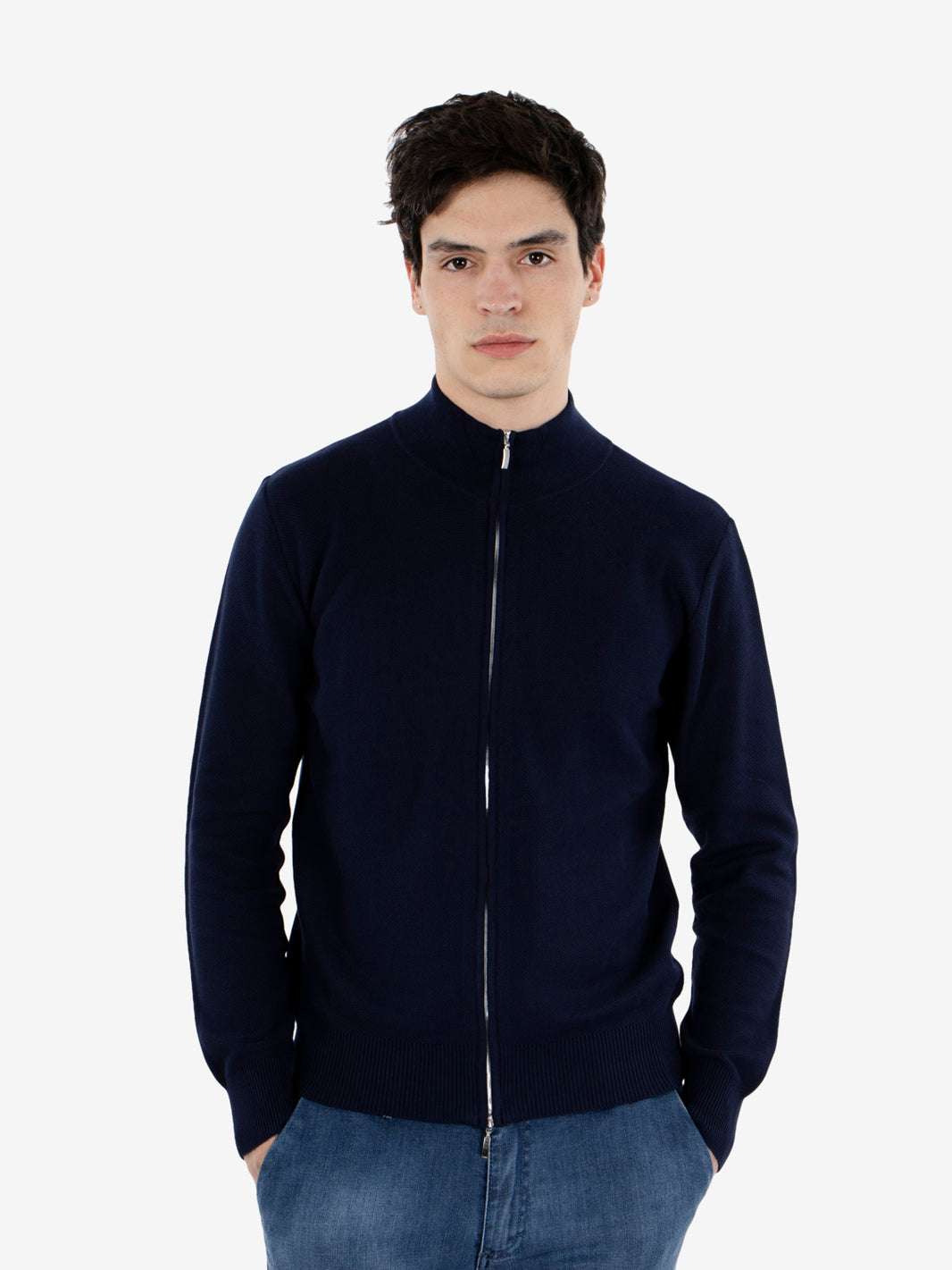 Maglia full zip grana riso blu