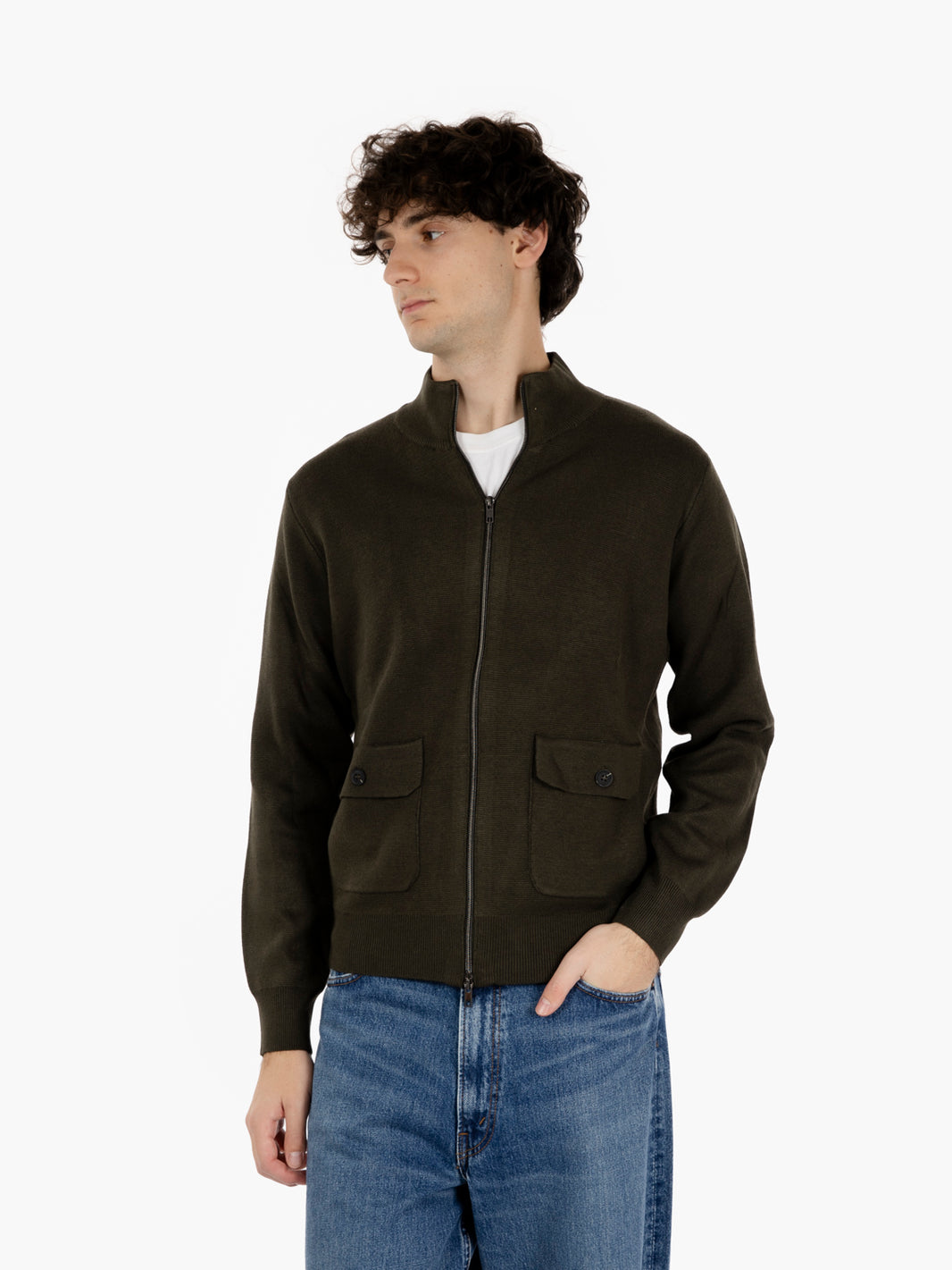 Maglia full zip misto lana forest