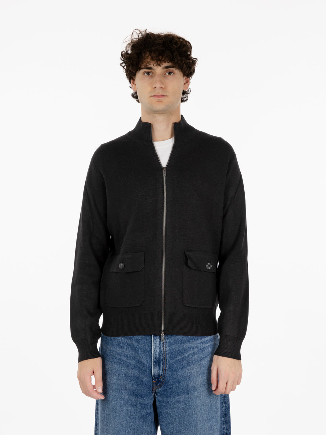 Maglia full zip misto lana nero