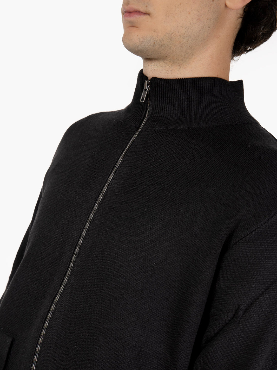 Maglia full zip misto lana nero