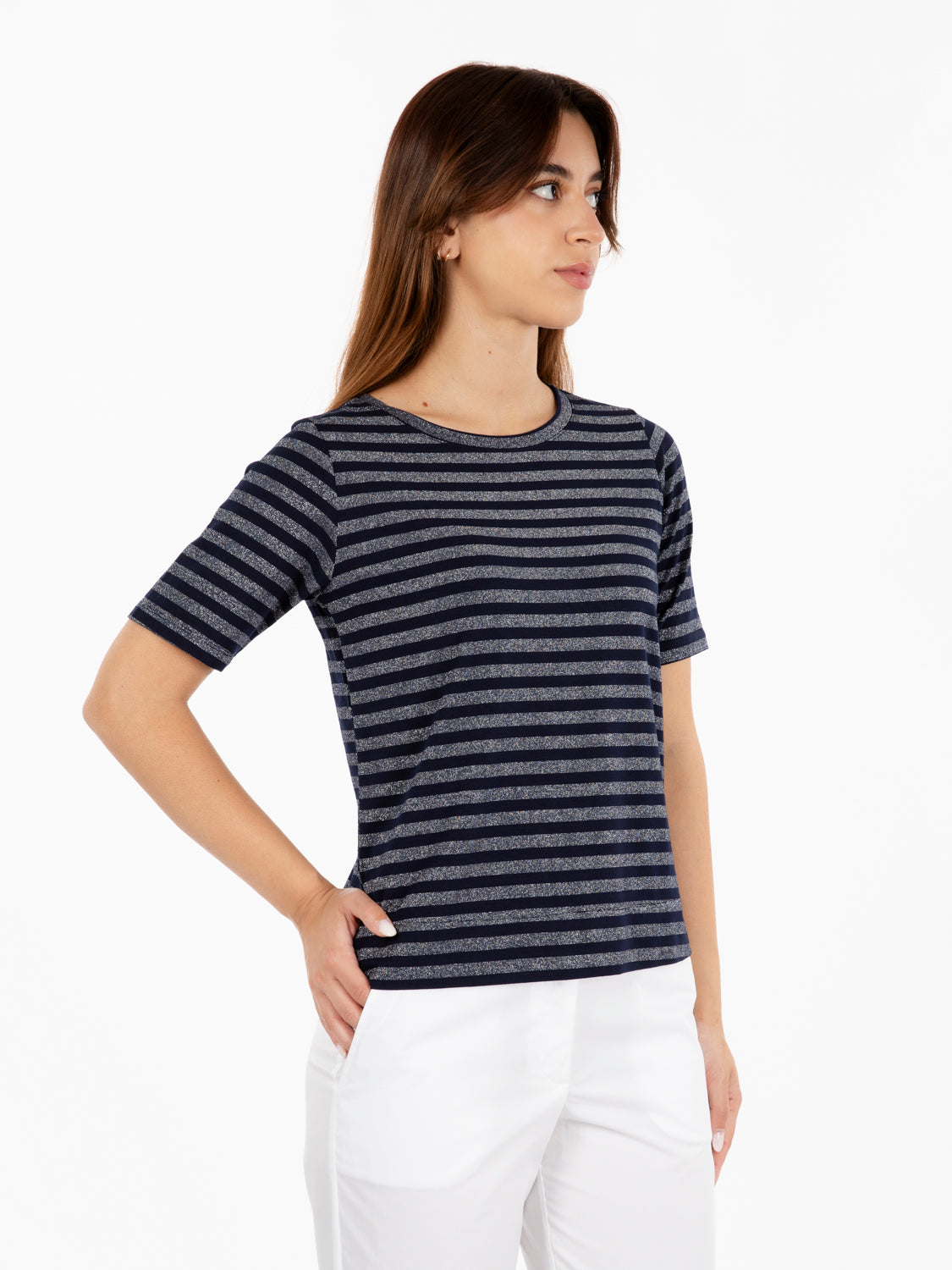 Maglia girocollo a righe lurex argento / blu