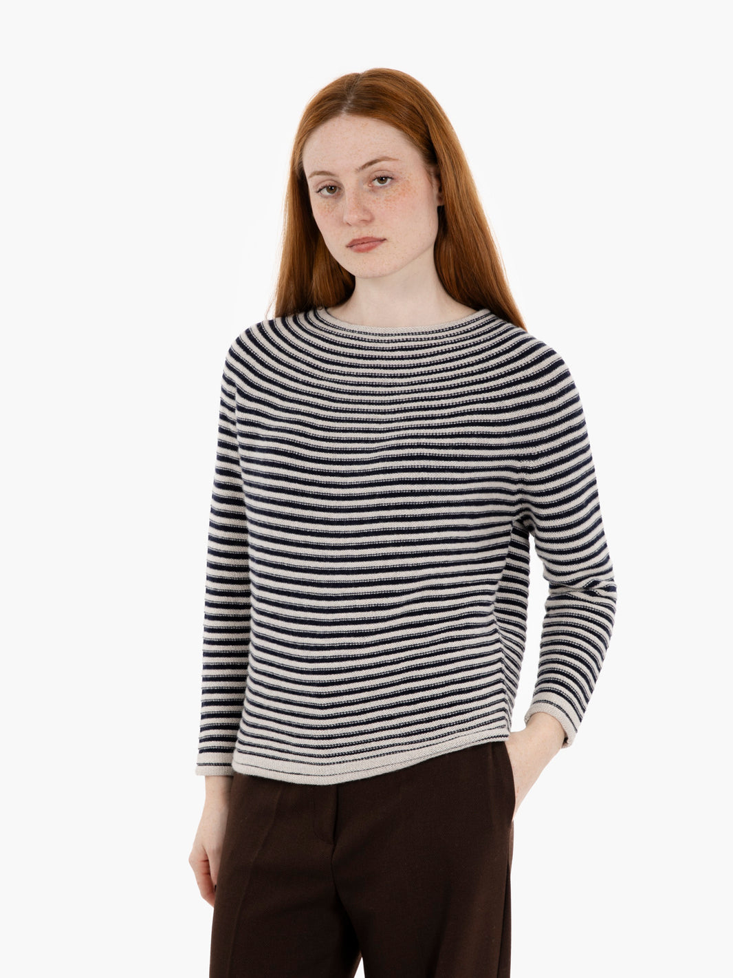 Blue / stucco lurex striped crew neck sweater