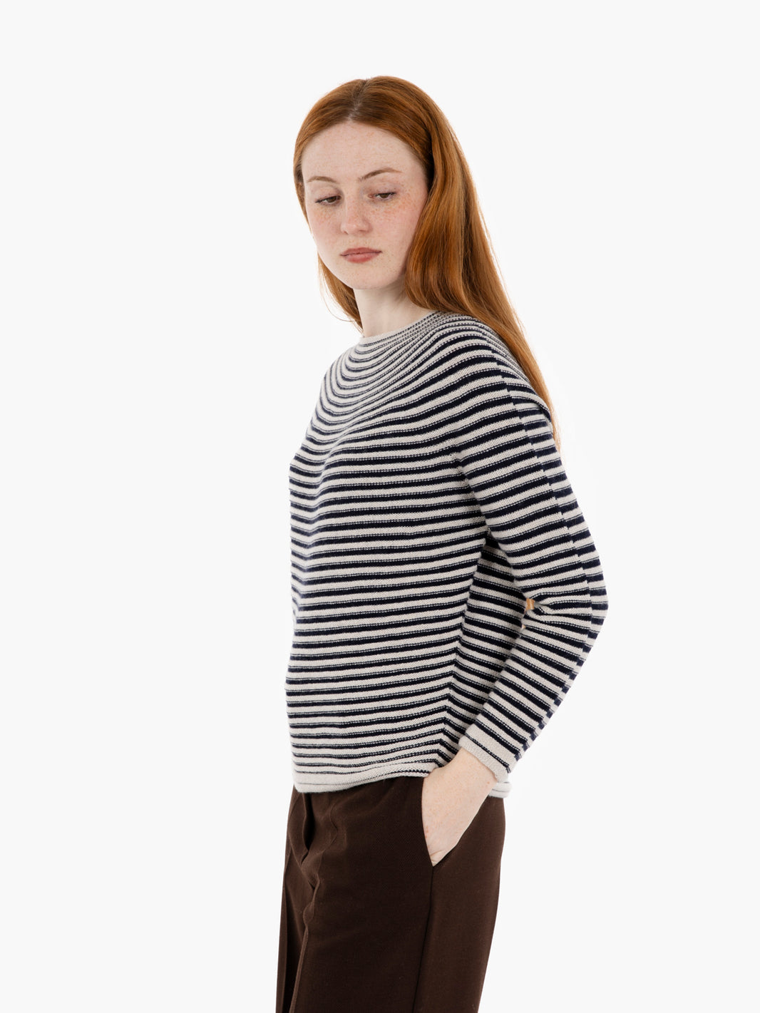 Blue / stucco lurex striped crew neck sweater