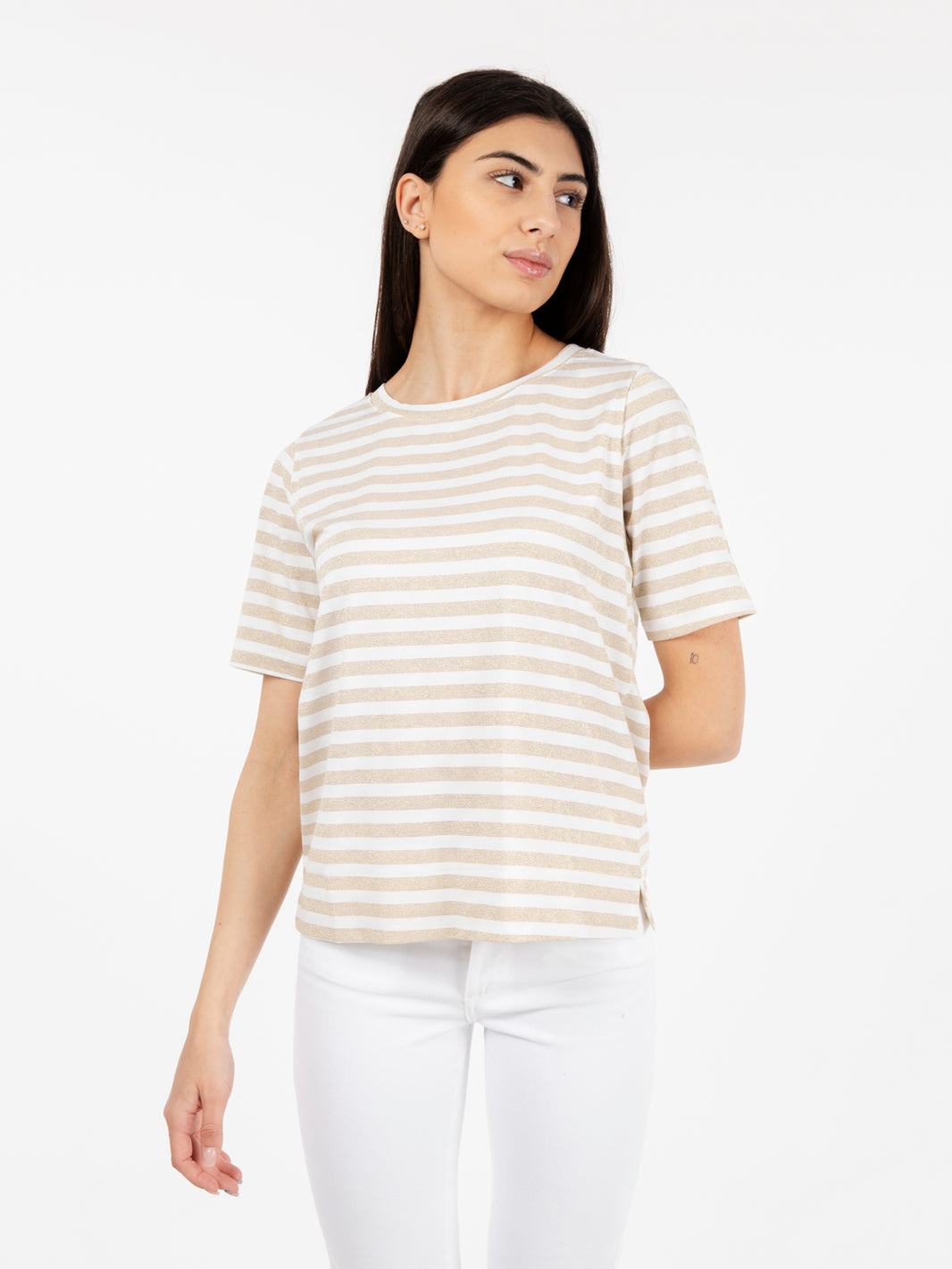 Maglia girocollo a righe lurex oro / bianco