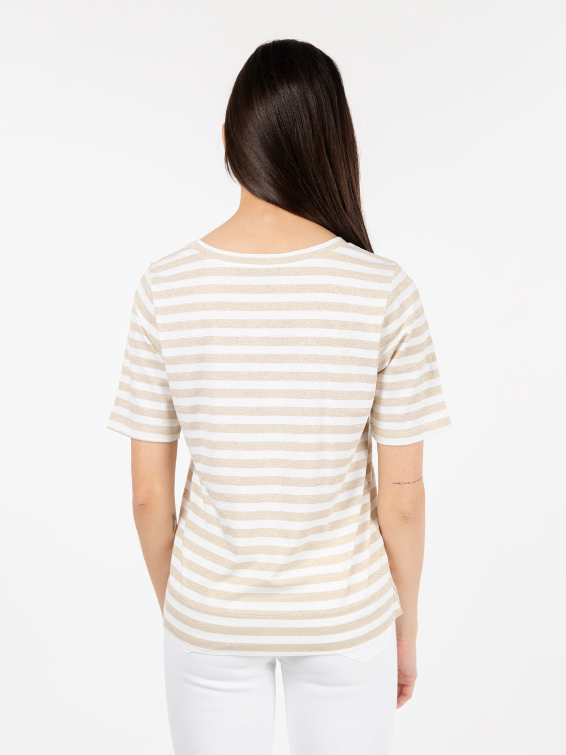 Maglia girocollo a righe lurex oro / bianco