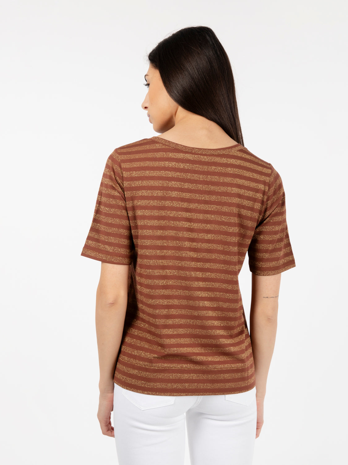 Maglia girocollo a righe lurex oro / tabacco