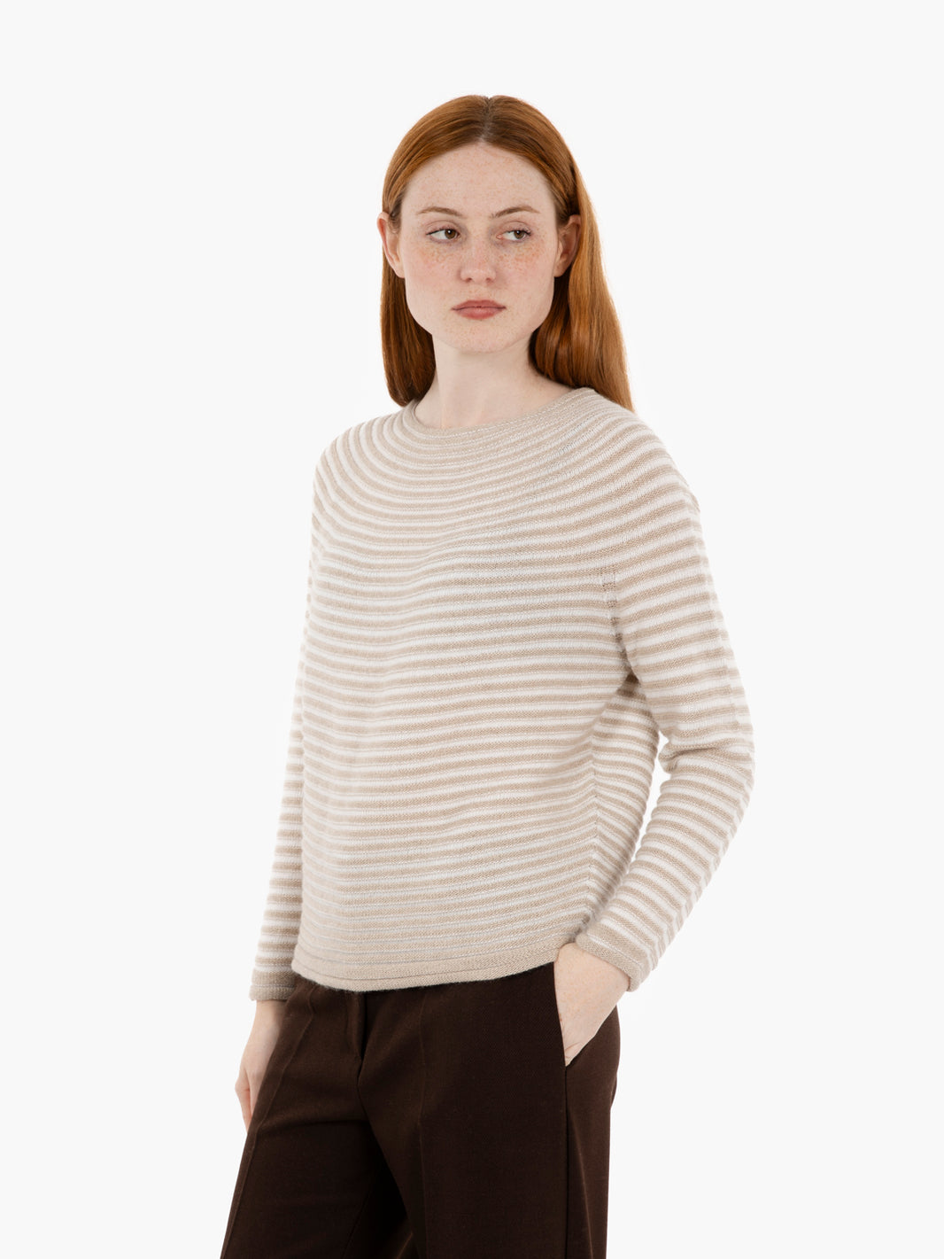 Cream/gold lurex striped crew neck sweater