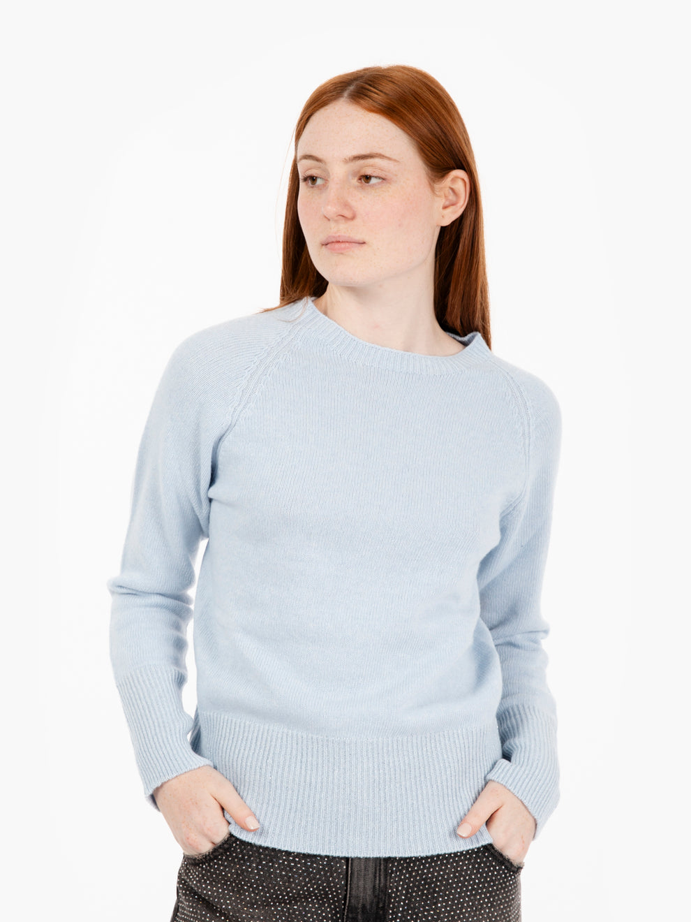 Crewneck sweater with light blue ribbed knit