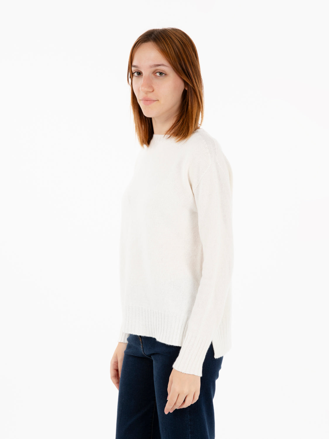 White crew neck sweater with side slits