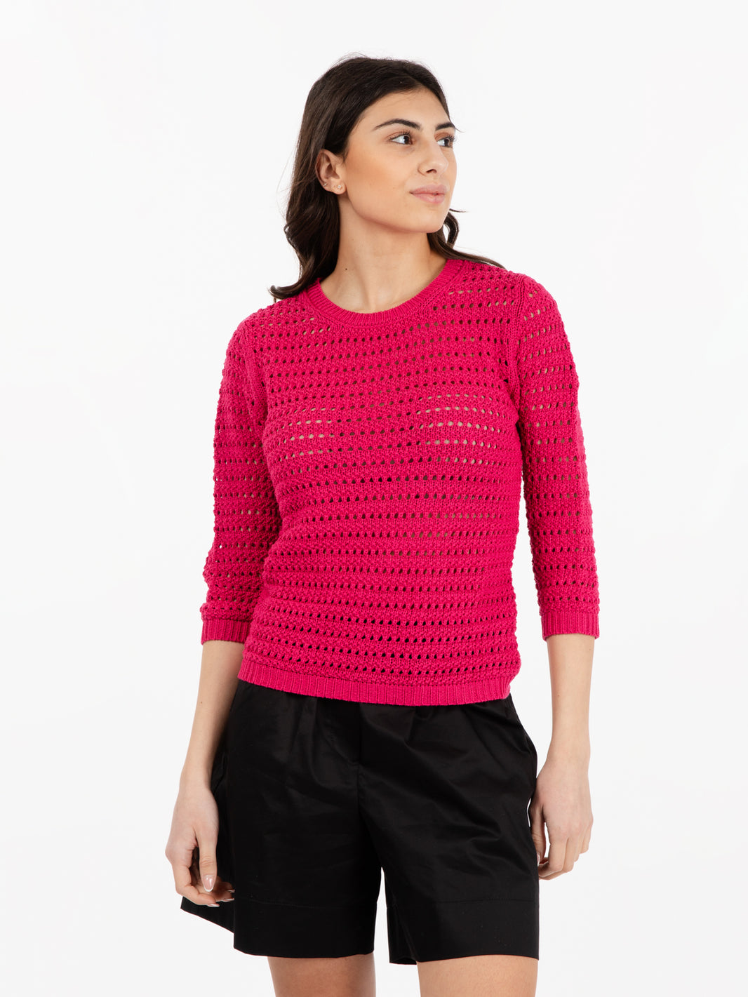 Maglia girocollo macramè fuxia
