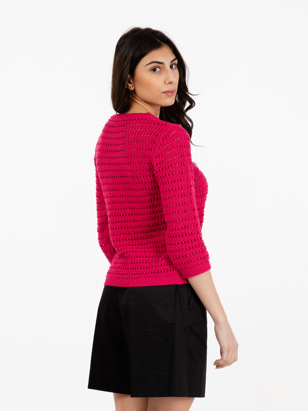 Maglia girocollo macramè fuxia