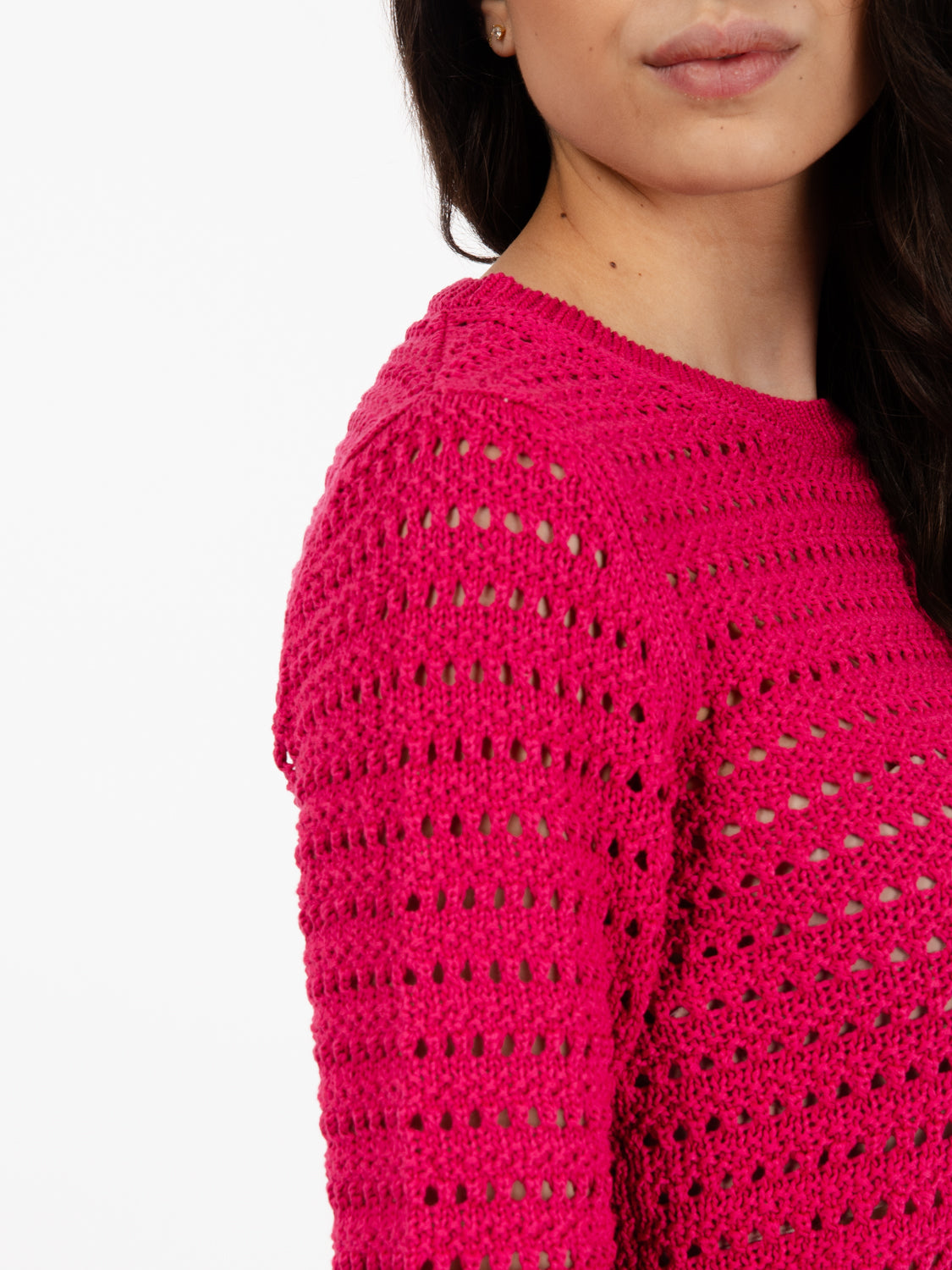 Maglia girocollo macramè fuxia