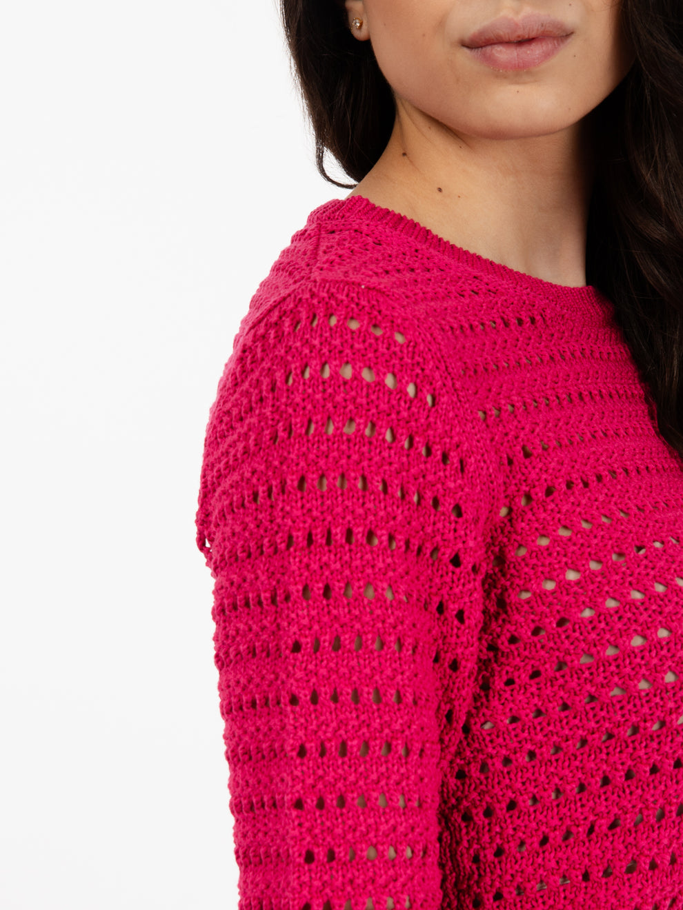Maglia girocollo macramè fuxia