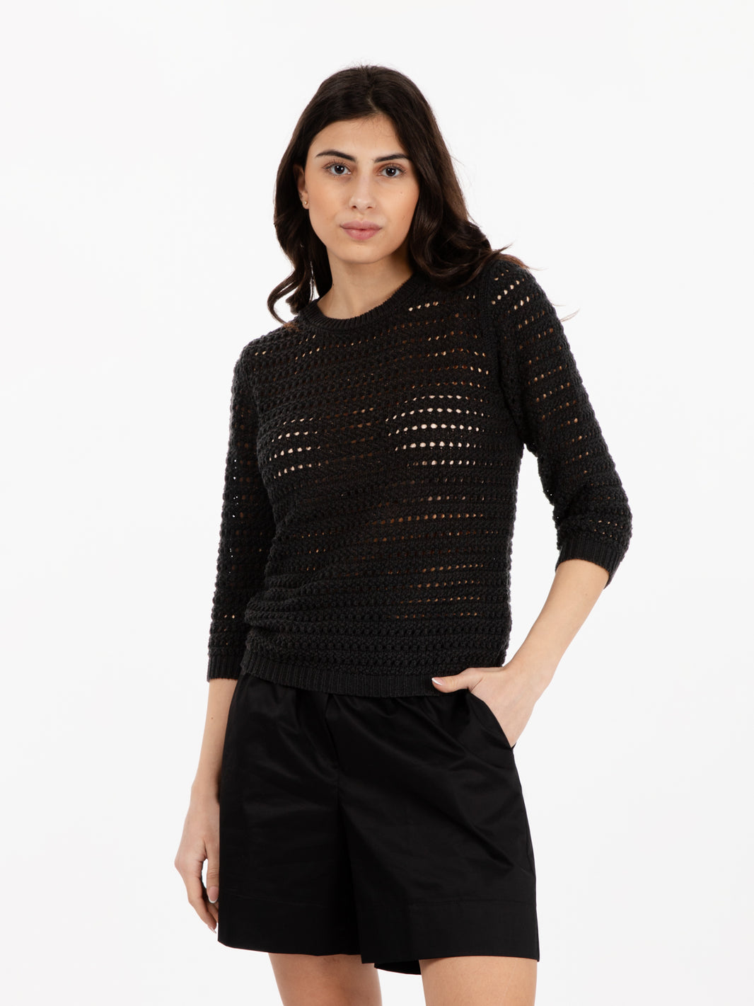 Maglia girocollo macramè nero