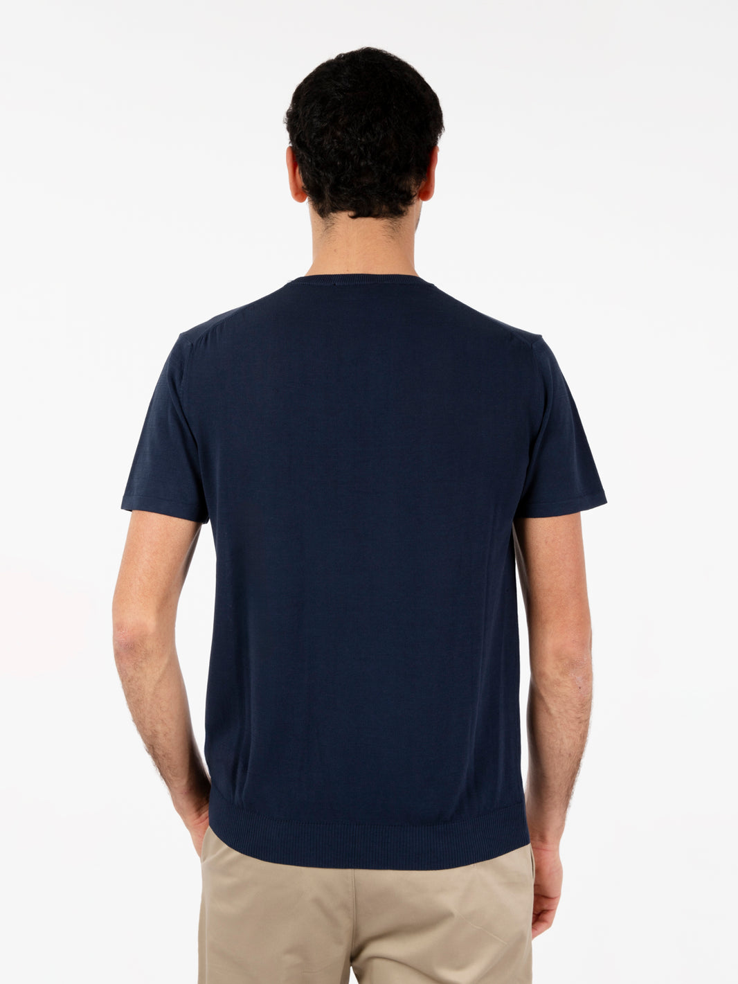 Blue short-sleeved crew neck sweater
