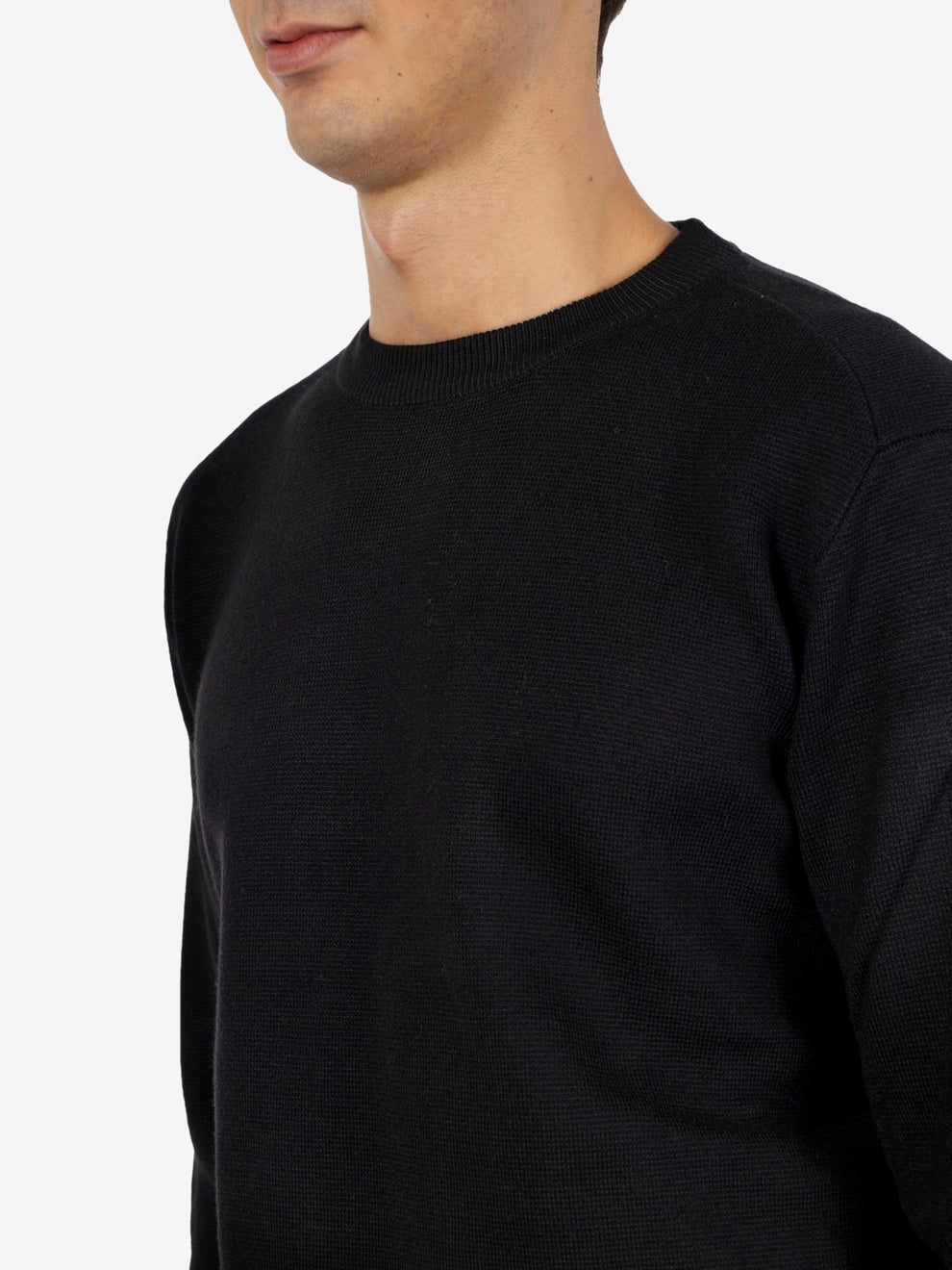 Black piqué crew neck sweater