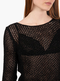 Black micro sequin perforated crew neck sweater
