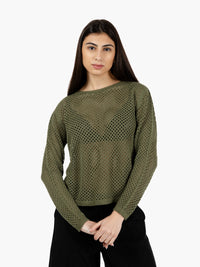 Green perforated crew neck sweater