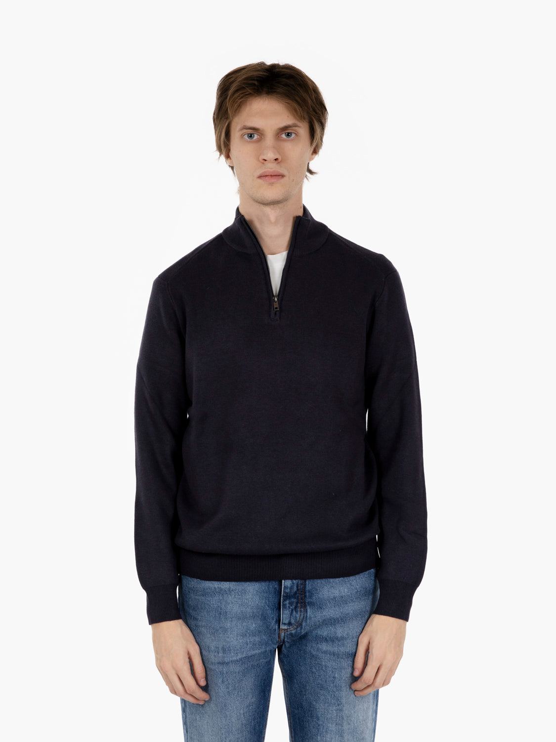 Navy half-zip turtleneck sweater