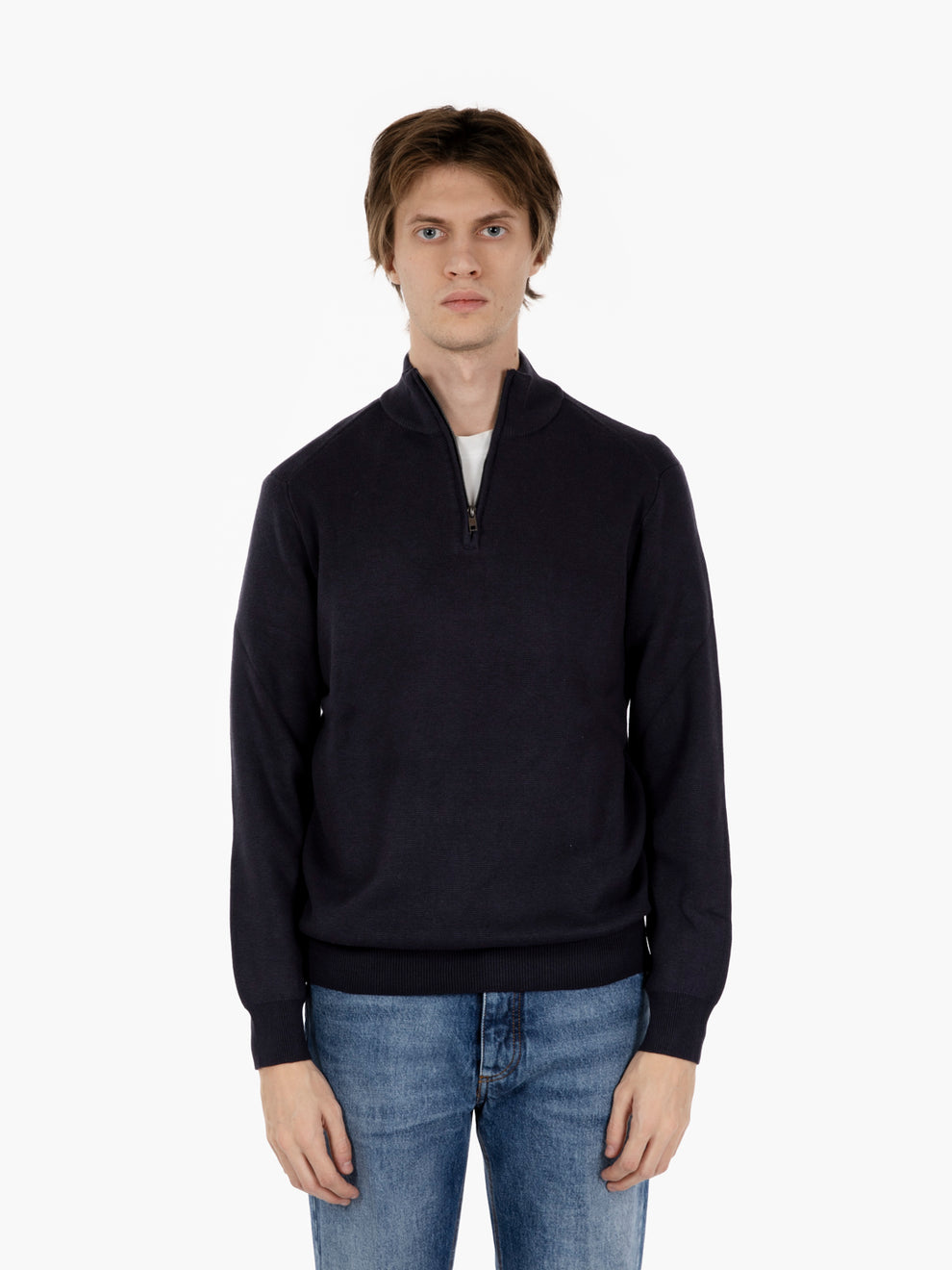 Navy half-zip turtleneck sweater