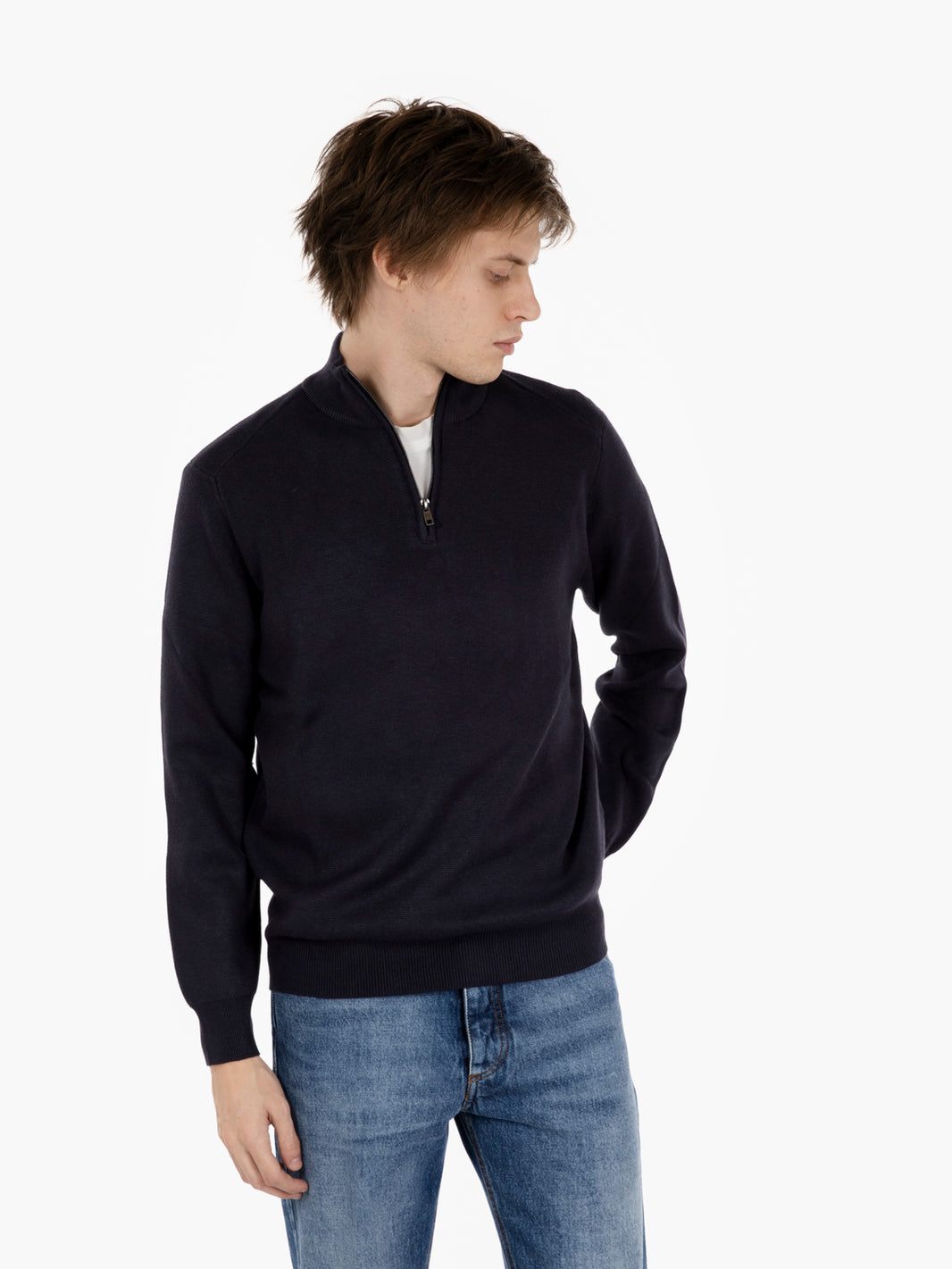 Navy half-zip turtleneck sweater