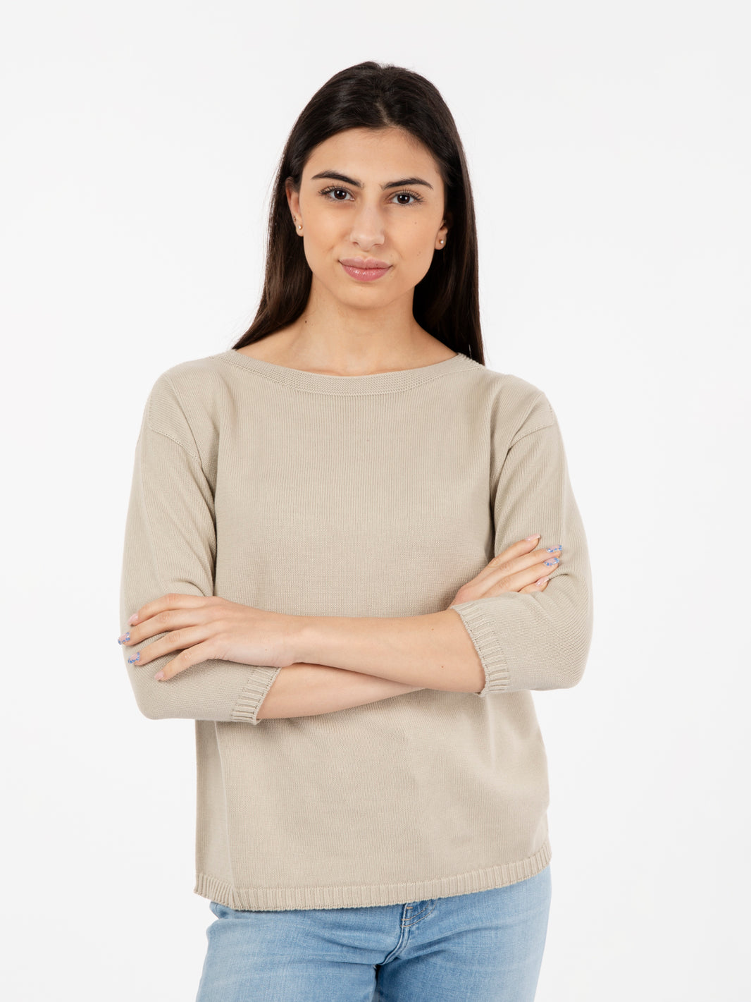 Maglia scollo a barchetta stucco