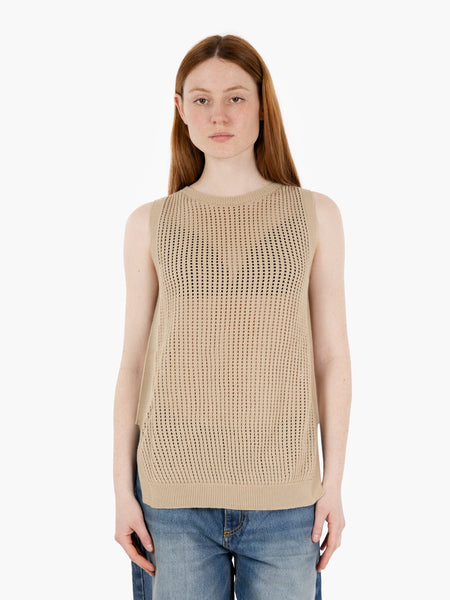 Maglia smanicata traforata beige