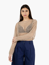 Beige lurex thread openwork sweater