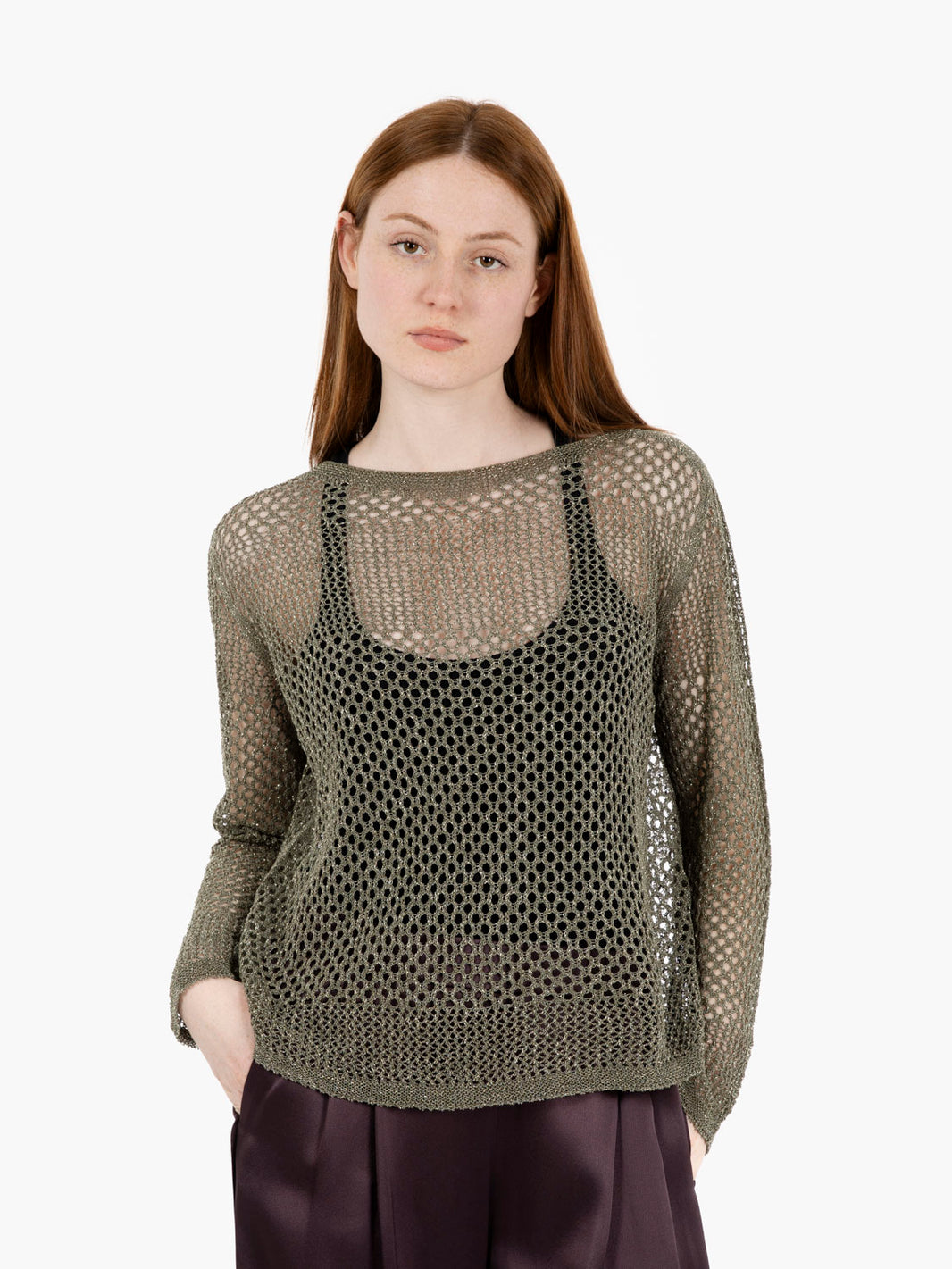 Maglia traforata filo lurex verde militare
