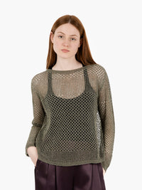 Military green lurex thread openwork sweater