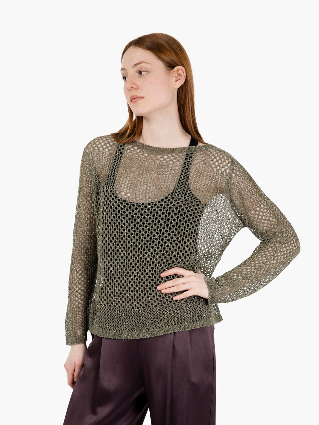 Maglia traforata filo lurex verde militare
